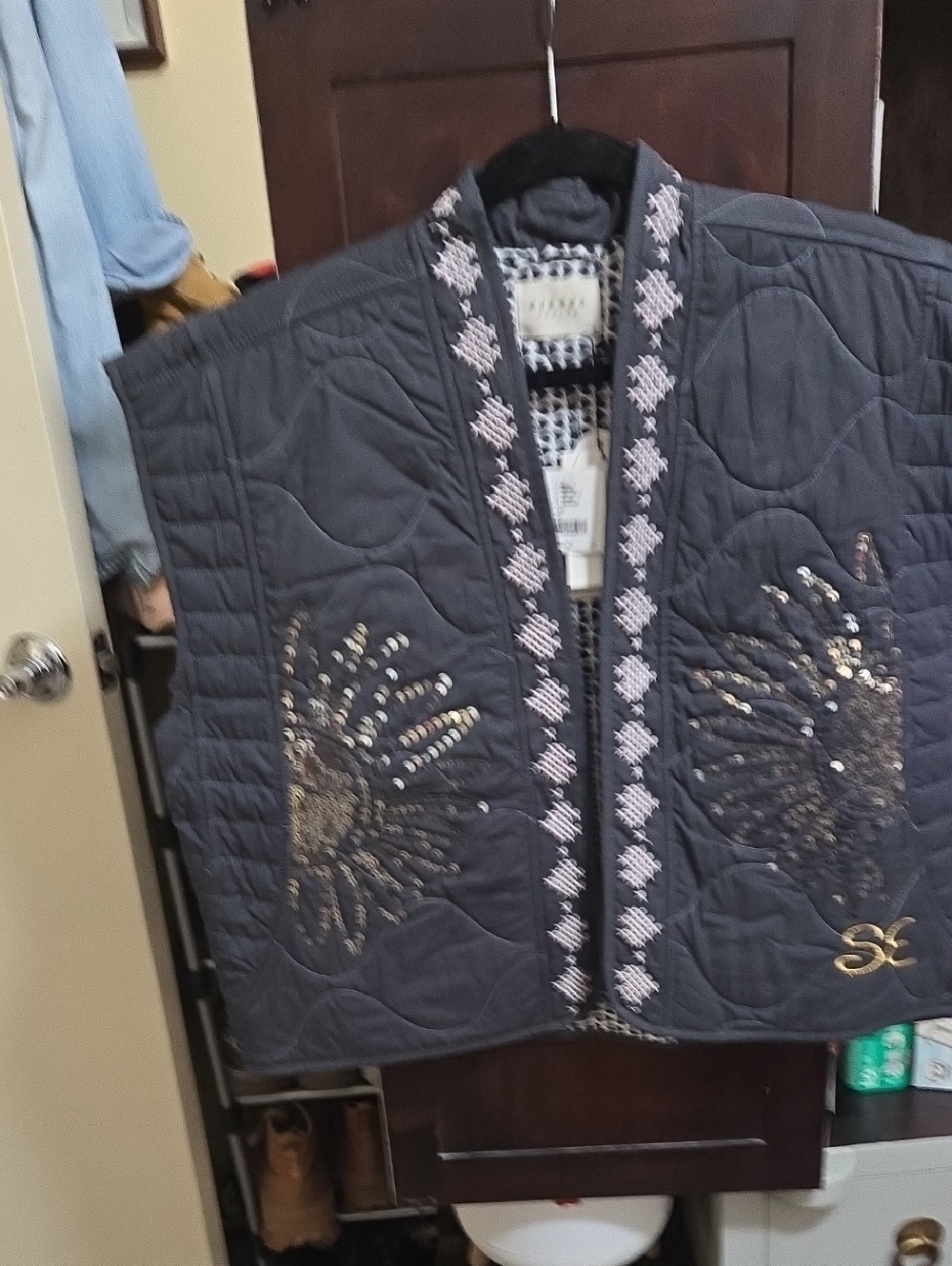 Free People Gray Quilted Vest with Black Heart Lining